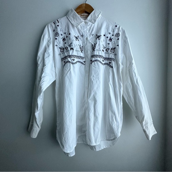 Tops - Vintage Women White Embroidered Button-Up Shirt